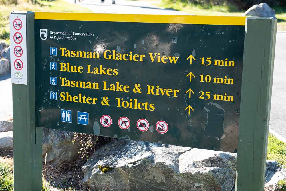 Department of Conservation Signpost for Tasman Glacier View and Tasman Lake track