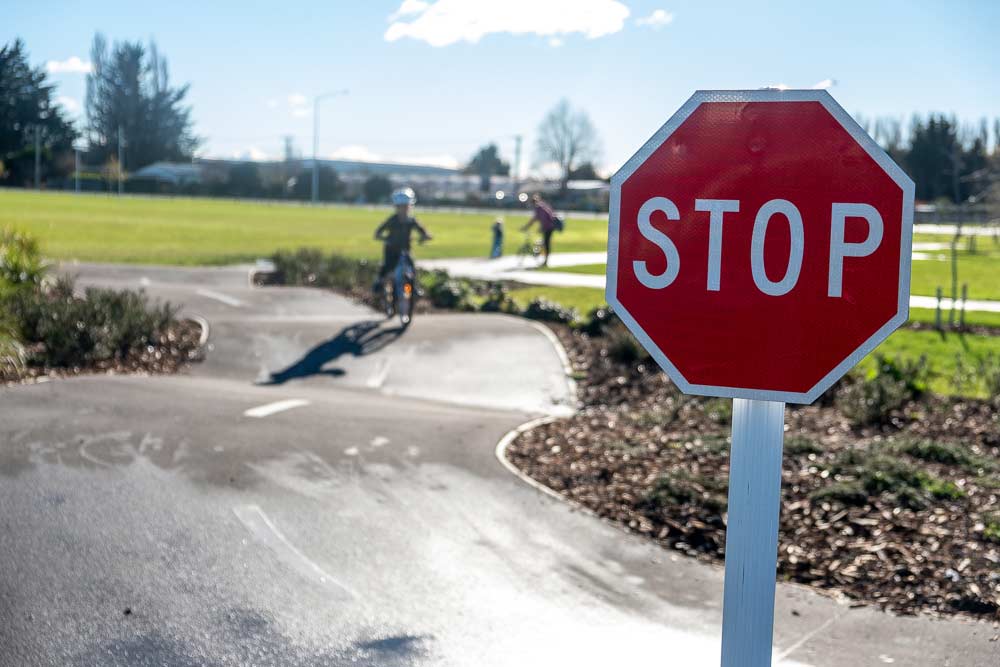 Stop sign at the bike park at Knights Stream Park, Halswell, Christchurch, New Zealand