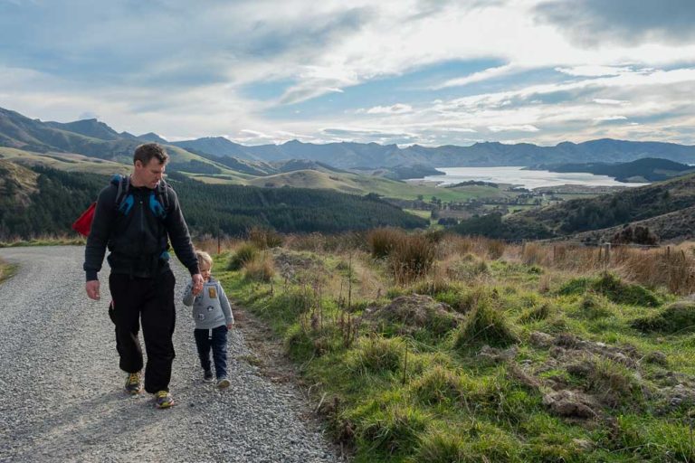 Kipton and Ashley walk on the Gebbies Pass to Packhorse Hut Track, overlooking Lyttelton Harbour and Banks Peninsula, Christchurch, New Zealand
