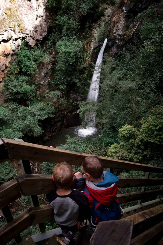 Nathan and Kipton from Backyard Travel Family look down from the staircase at the beautiful Canterbury Waterfall that is Washpen Falls