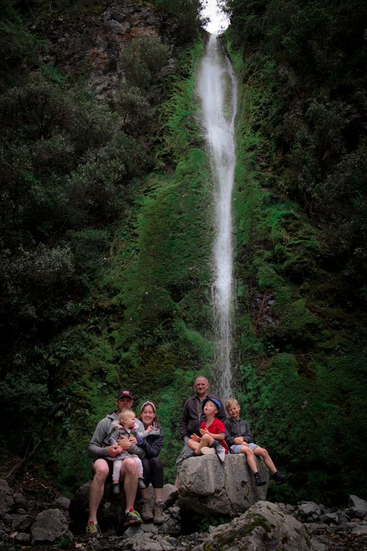 Backyard Travel Family photo in front of Hanmer Waterfall/Dog Stream Waterfall, Canterbury