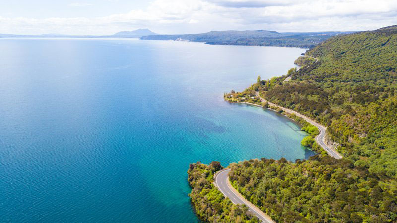 Drone view of Lake Taupo, a great day trip from Rotorua