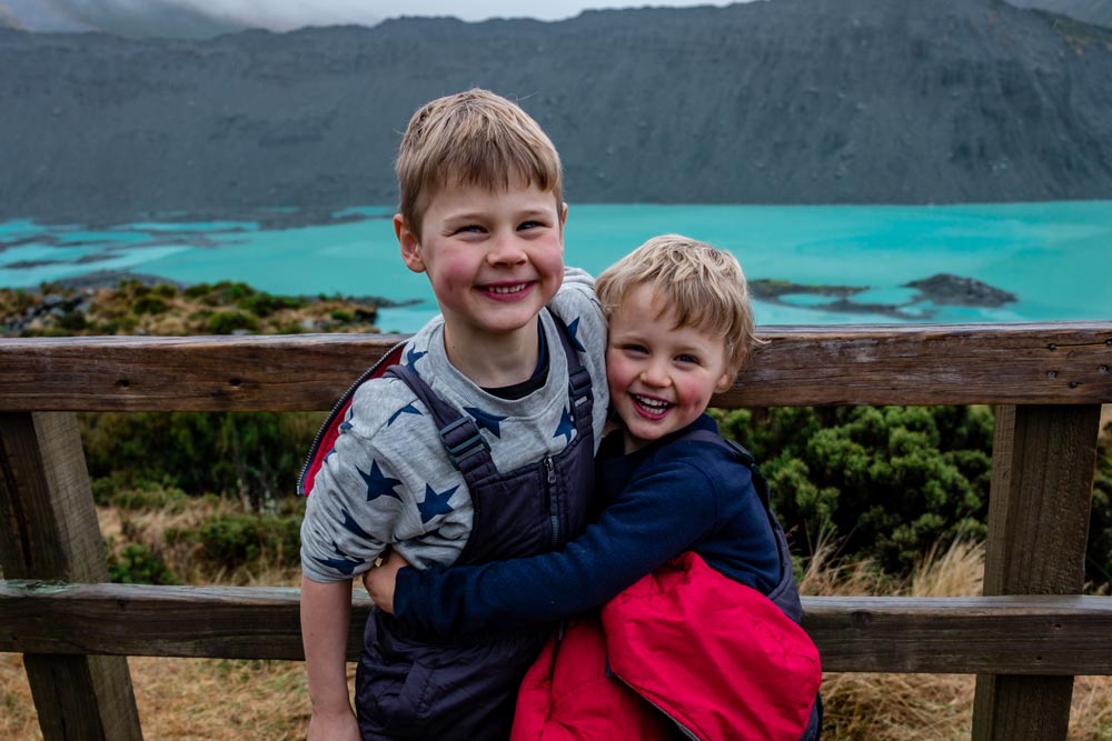 Cute smiles from Nathan and Kipton at the Kea Point Track Viewpoint, overlooking the beautiful Mueller Lake