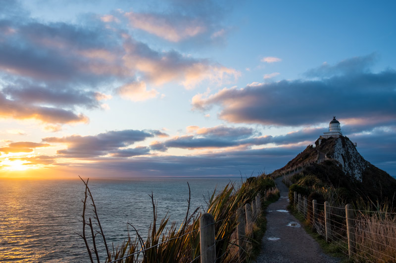 Nugget Point Lighthouse, the Catlins at sunrise in winter