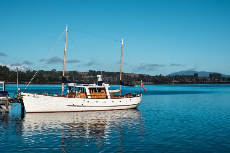 Faith in Fiordland Boat from Fiordland Historic Cruises: The boat sits on Lake Te Anau on a clear blue day