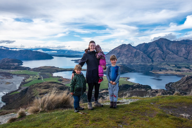 Backyard Travel Family, Family photo at the Rocky Mountain summit, a great half day walk, Wanaka, New Zealand