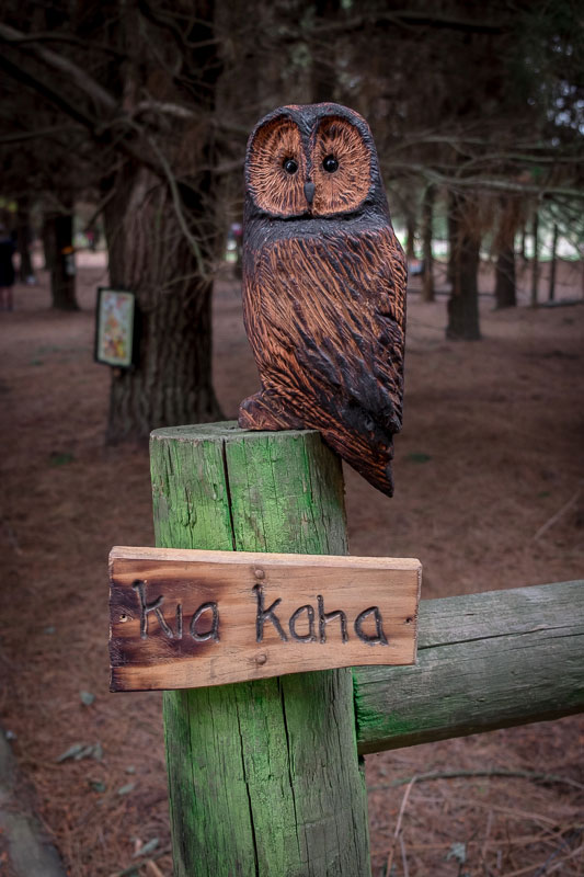 Wooden carved owl at the beginning of the Bottle Lake Forest Fairy Village Walk in Christchurch