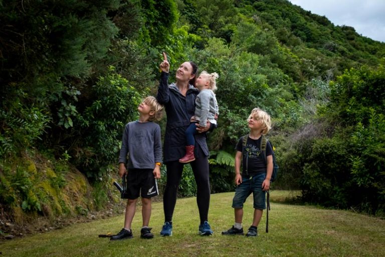 Family look at the native birds at the Kaipupu Wildlife Sanctuary, Picton, NZ