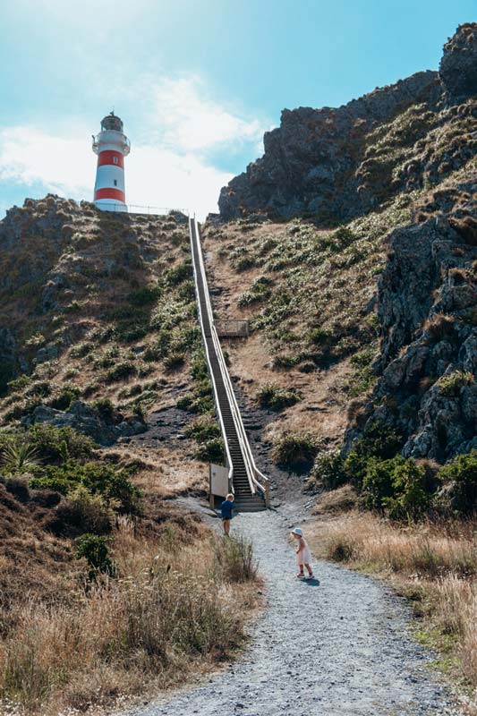 View of the Cape Palliser Lighthouse from the bottom of the stairs. Good walk near the Puntagirua Pinnacles