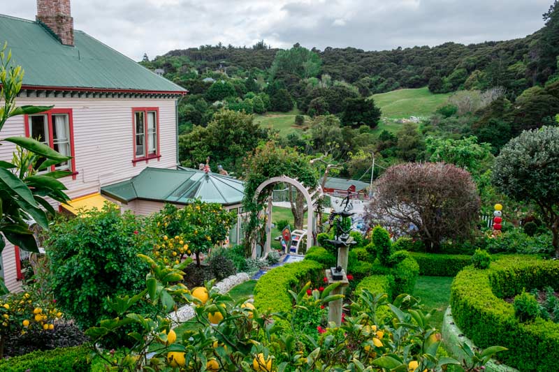 View of the Giants House Akaroa gardens from the top of the garden. Lush and green and full of wonder. It is a must do Akaroa activities attraction