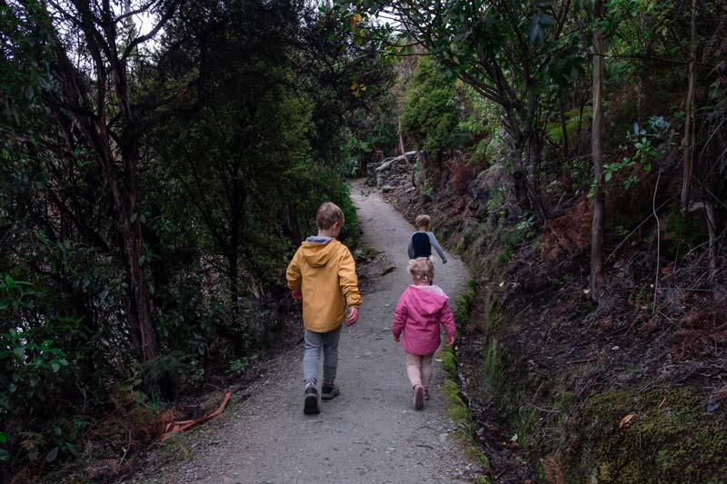 3 children walk the bush track at Bobs Cove Queenstown NZ