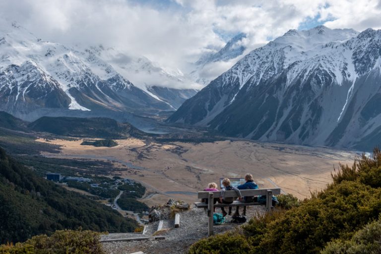 Red Tarns Track viewpoint, overlooking Aoraki Mt Cook, New Zealand's highest mountain and Mt Cook village