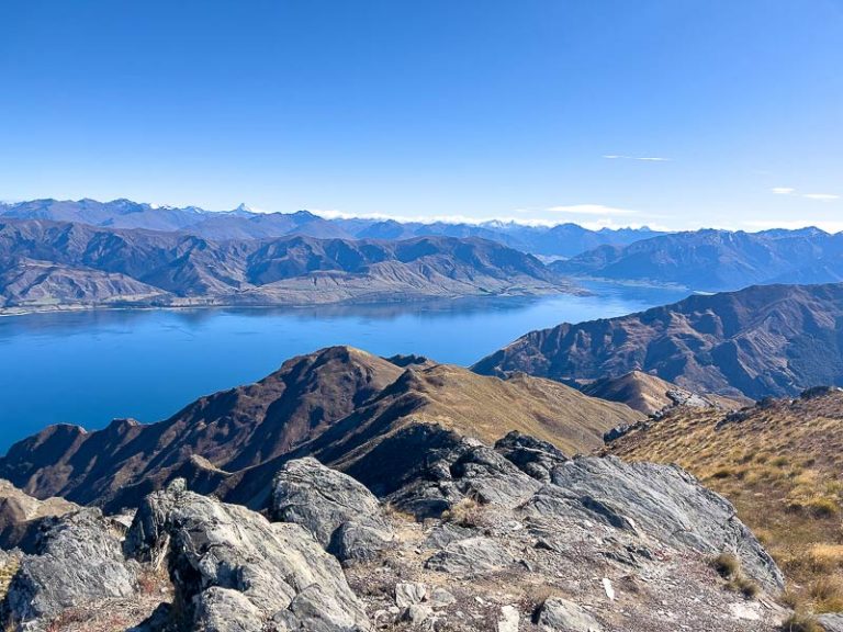 View of the striking blue Lake Hawea and Southern Alps from the Breast Hill Track summit