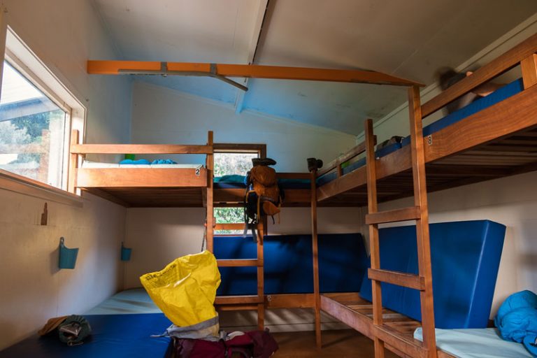 9 bed bunk room with thick plastic mattresses at Rod Donald Hut